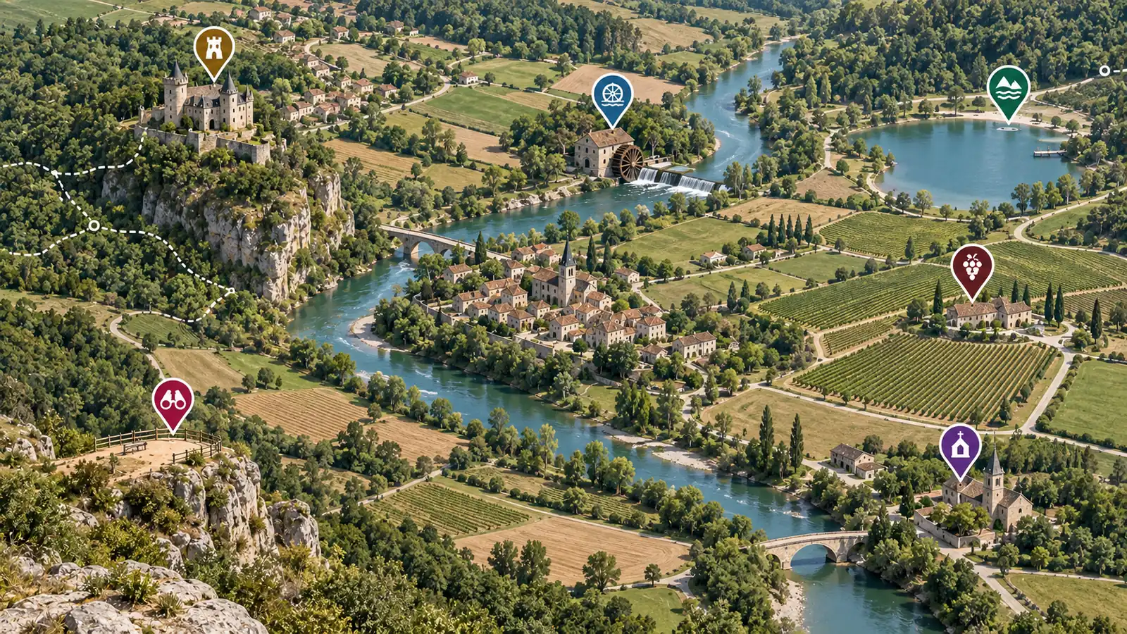 Une carte touristique avec le repère d’un gîte, puis la même carte sans ce repère.
