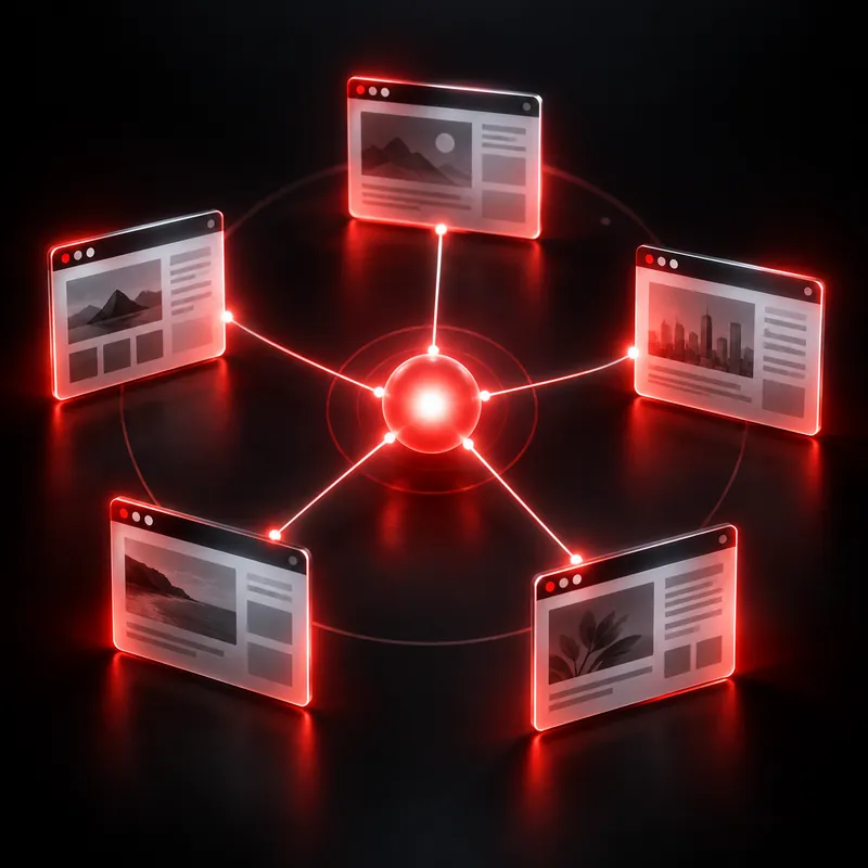 Cinq fenêtres de sites reliées à un point lumineux central.