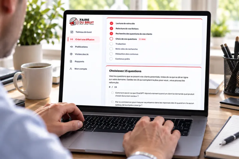 L’espace client FaireDuBruit sur un ordinateur : les étapes de la diffusion, puis « Choisissez 15 questions ».