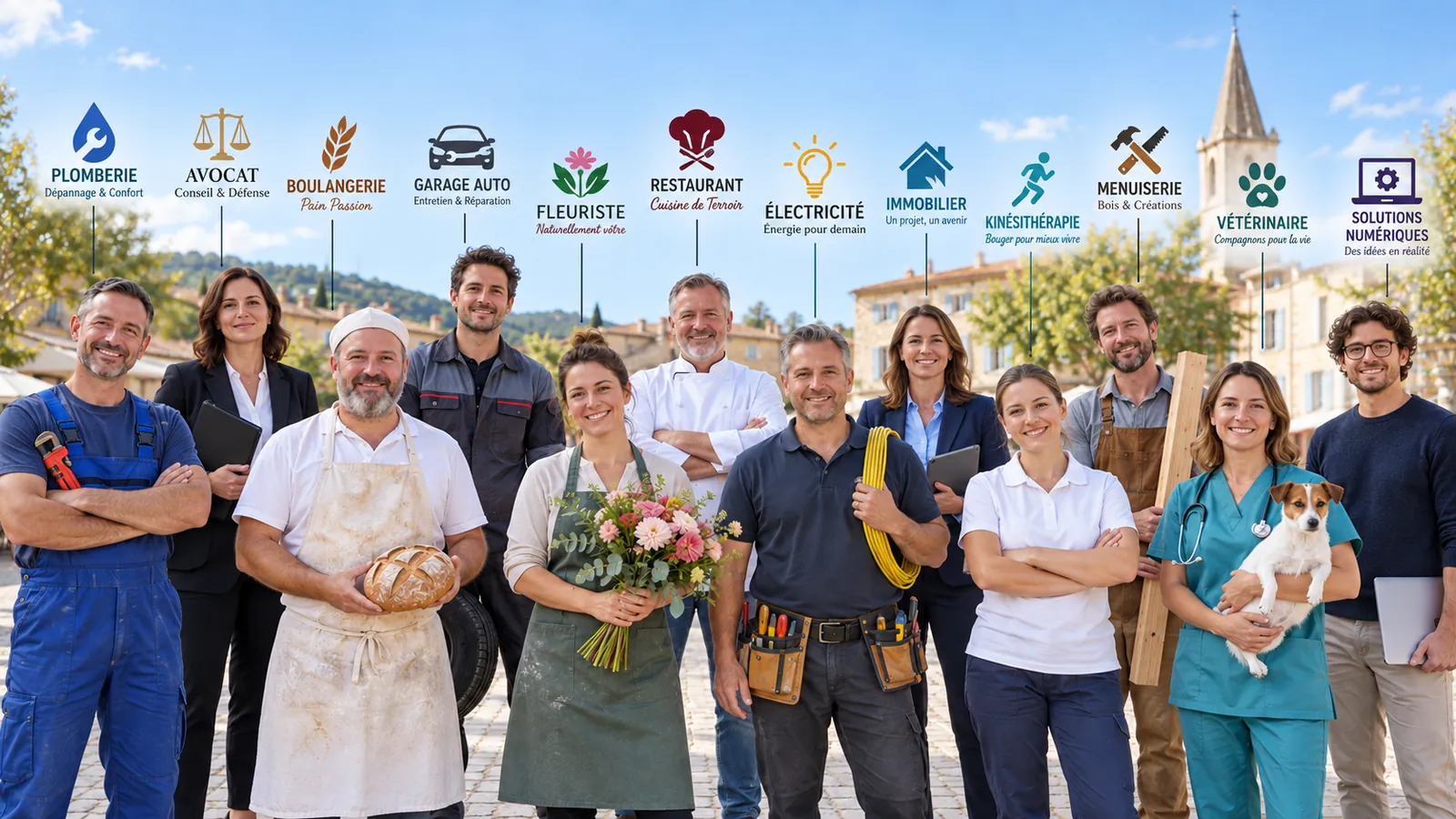 Douze gérants d’entreprise sur une place de village, chacun avec le logo de son entreprise au-dessus de la tête.
