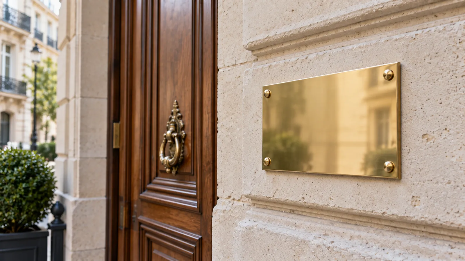 La plaque en laiton d’un cabinet d’avocats, gravée à son nom, puis vierge.