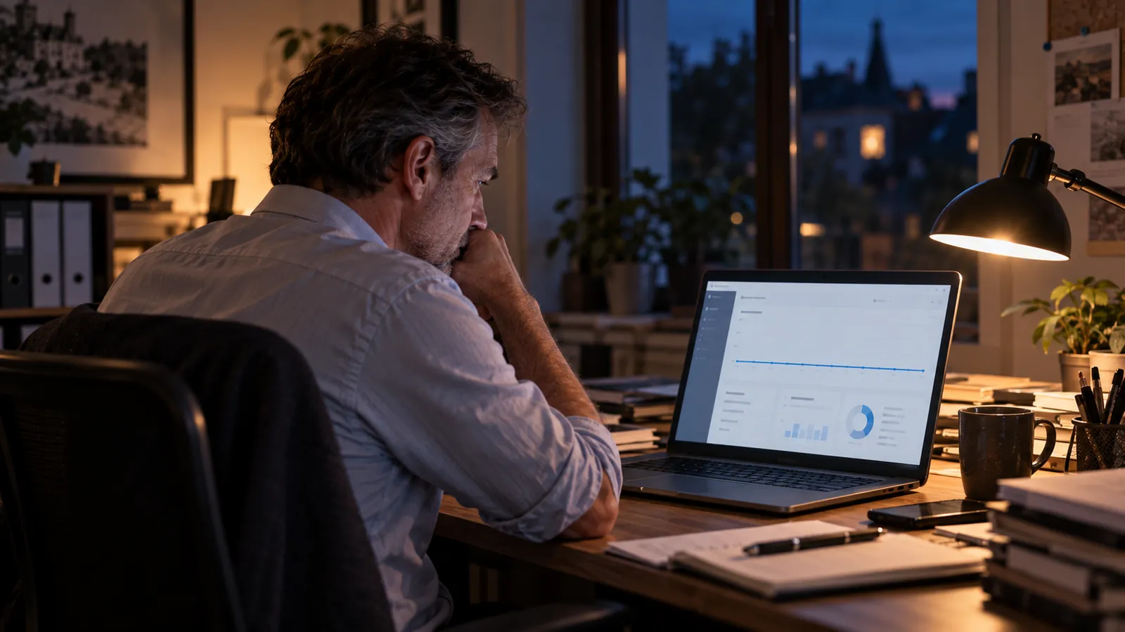Un gérant seul à son bureau, le soir, devant des statistiques de visite qui ne bougent pas.